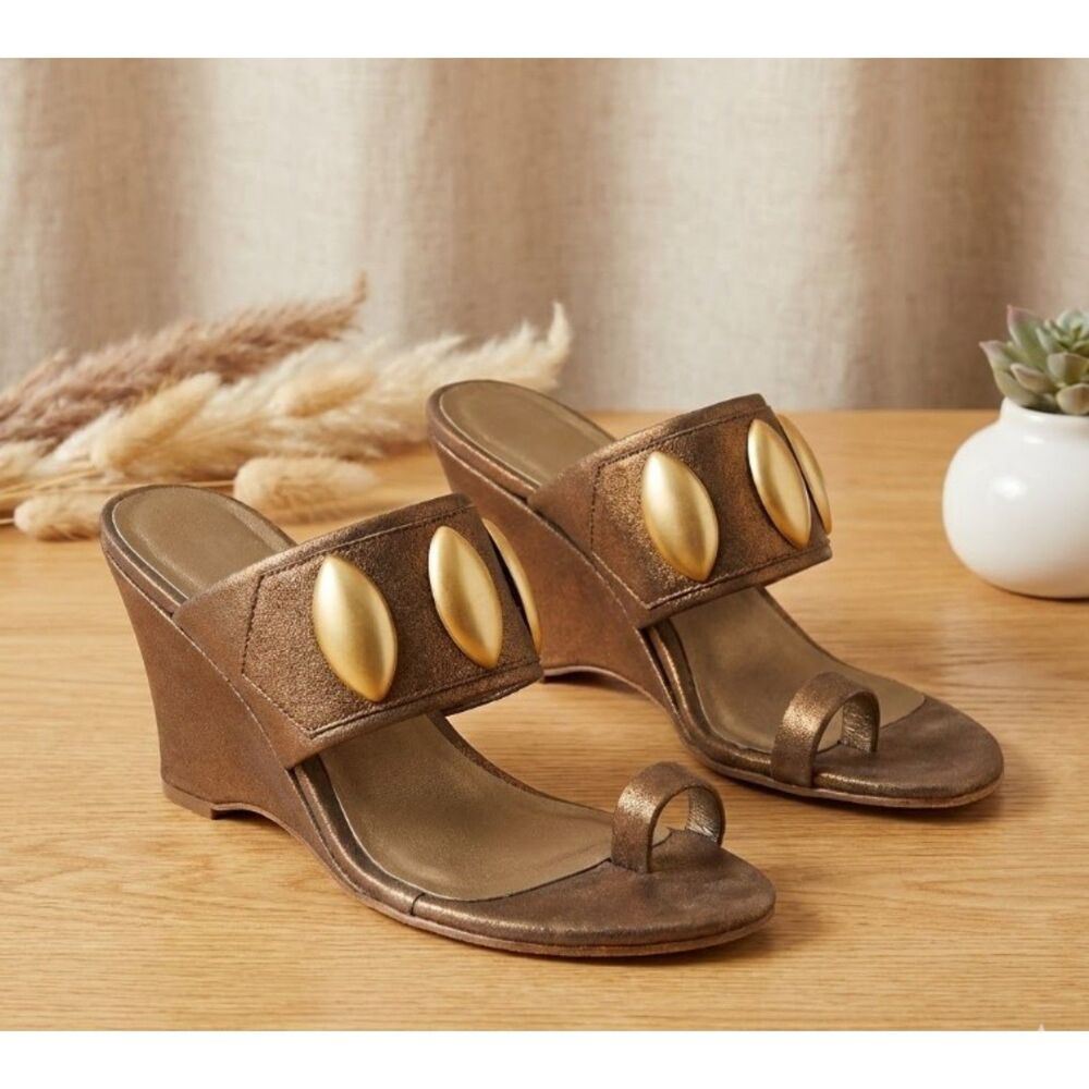 Johnny Montini Heels Italian Brown Sandals Metallic Leather Wedge Sz 36 US 6